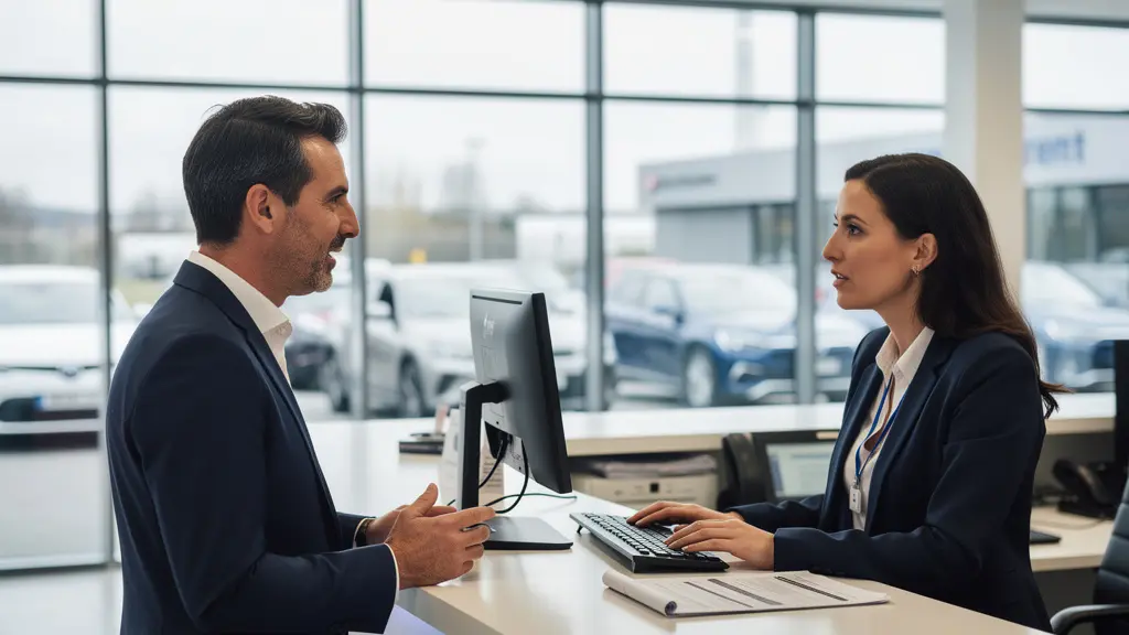 Client discutant avec un agent au comptoir d'une agence de location automobile