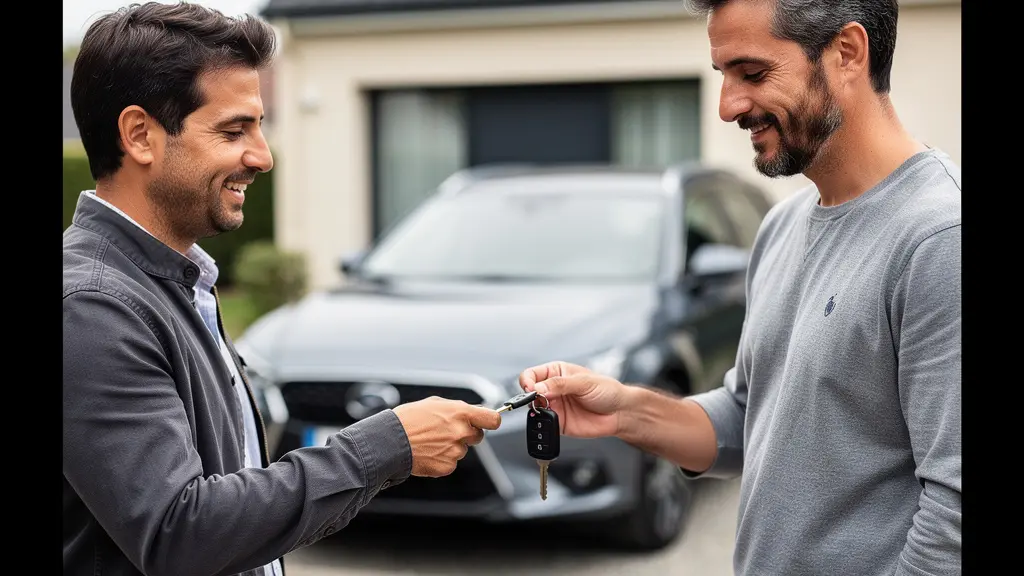 Personne recevant les clés d'une voiture prêtée par un proche en extérieur
